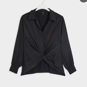 Modern Works Black Twist Front Gathered Long Sleeve Collared Blouse Women Sz XL